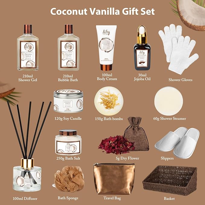 Coconut Vanilla Spa Gift Set, Complete Spa Bath Gift Basket for Women & Men