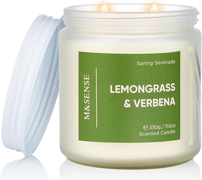 M&SENSE Lemongrass Verbena Scented Candles for Home, 11.6oz Organic Soy Wax, 70 Hours Long Lasting, Natural Non Toxic Clean Burn, 2 Wicks Herbal Smelling Aromatherapy Candle in Large Jar for Cleansing