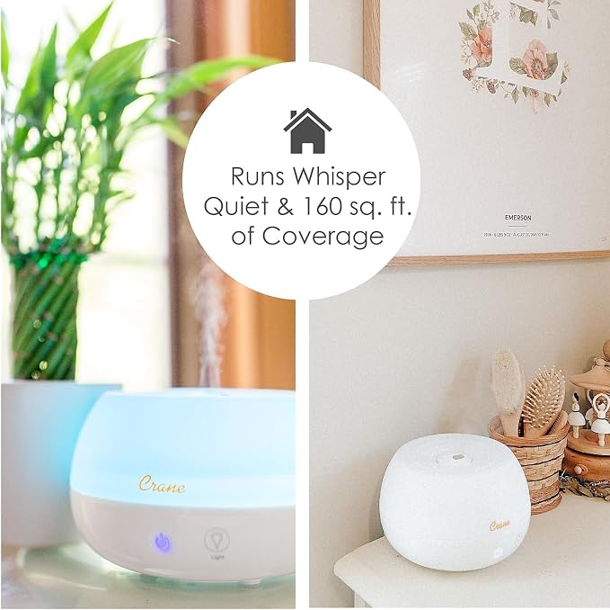 Crane Portable Ultrasonic Travel Humidifier & Aroma Diffuser – 0.2 Gallon Cool Mist, No Filter Required, Optional Essential Oil Tray, Whisper-Quiet for Babies, Travel, & Small Rooms (White)