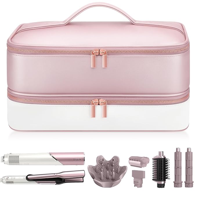 Travel Hair Dryer Case for Shark Glam, Portable Hair Tools Bag for Shark FlexFusion, Double-Layer Storage Carrying Case for FlexStyle Blow Dryer, Silki Straightener & Glossi Attachments Holder (Pink)