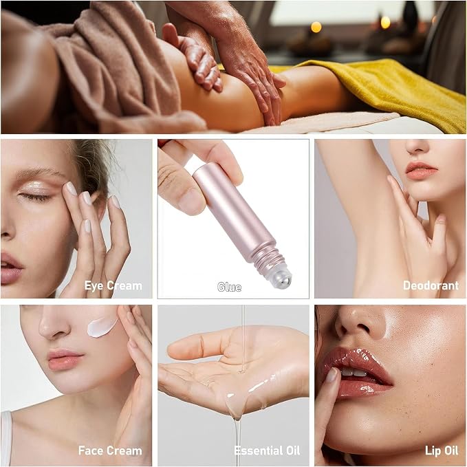 8Pcs 10ml Essential Oil Roller Bottles, 1/3 oz Refillable Roll On Vials with Funnels, Small Glass Containers with Stainless Steel Ball for Perfumes Aromatherapy Liquid, Matte Rose Gold