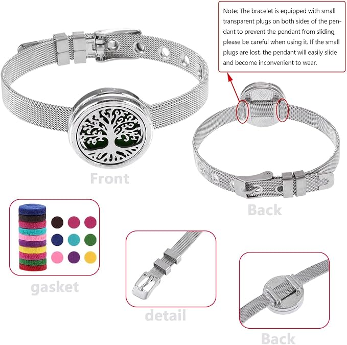 Essential Oil Diffuser Bracelet with Gift Box Aromatherapy Locket Adjustable Stainless Steel Tree of Life Watch Chain Bracelet with 10 Pcs Refill Pads for Women