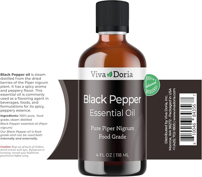 Viva Doria Black Pepper Essential Oil, 100% Pure, Natural Essential Oil, Undiluted, for Aromatherapy | Food Grade, 118 mL (4 Fluid Ounce)