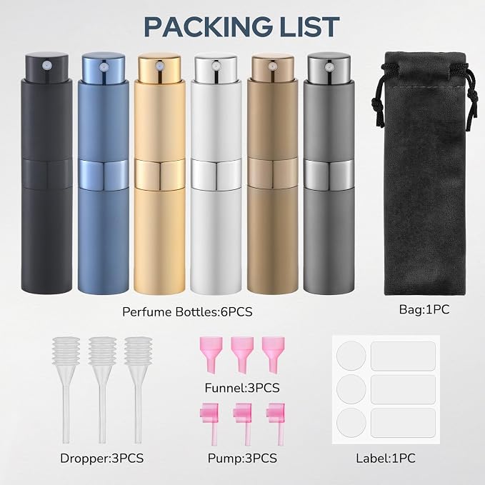 Lulupack Travel Perfume Bottle Refillable - Cologne Spray Atomizer Mini - Small Travel Size Empty Sprayer for Refill Sample Container - Portable Fragrance Decant Dispenser for Women Men 8ml 6PCS Brown
