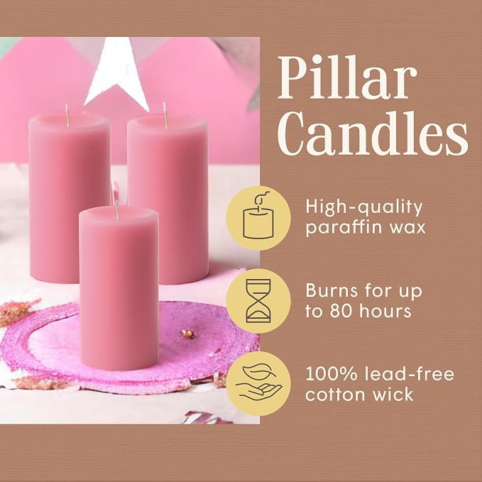 Mister Candle Dripless Unscented Pillar Candles, Set of 3 Hand Poured Pink Pillar Candles, Solid Color Non-Scented Candles for Home Decor, Premium Wax, 80 Hr Burn Time, 3x6 Inch