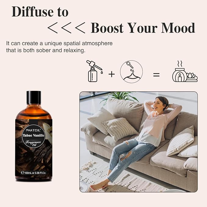 PHATOIL 3.38FL.OZ Tabac Vanille Fragrance Oils for Aromatherapy, Essential Oils for Diffusers for Home, Perfect for Diffuser, Yoga, Skin Care, DIY Candle and Soap Making - 100ml