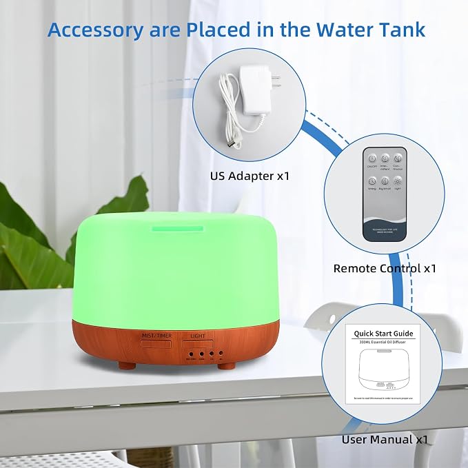 SPLITSKY 300ML Essential Oil Diffuser,Small Room Aromatherapy Diffuser, Quiet 8H Operation, 7-Color LED Light, 4 Timer, Remote Control, Auto-Off, for Bedroom, Living Room, Kitchen, Yoga, Gifts