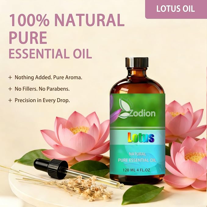 Lotus Essential Oil, Lotus Fragrance Oil for Diffuser, Massage, Humidifier, DIY Candle, Soap Making, Home, Bath, Yoga - 4 fl oz (120ml) - ZODION Essential Oils