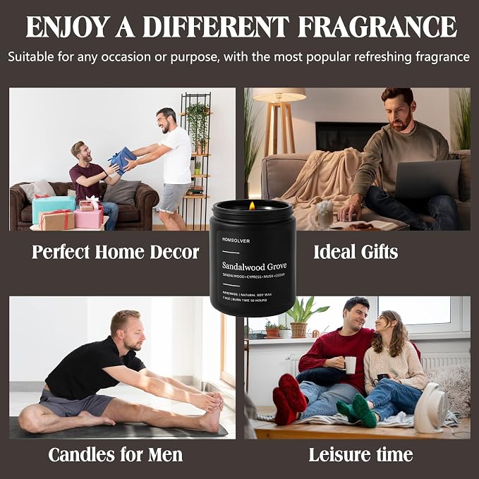 Homsolver Set of 4 Scented Candles for Home Decor, Candle Gifts for Dad Men Him, 200Hours Burn Tine, Vanilla, Lavender, Sandalwood, Eucalyptus Scented with Black Jar