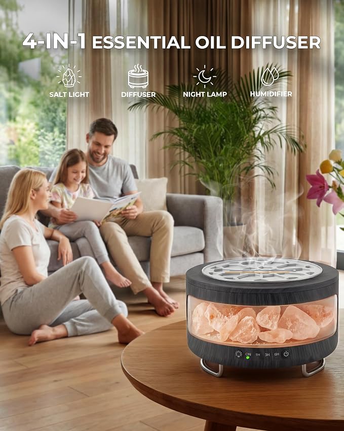 Essential Oil Diffuser with Himalayan Salt Lamp, 350ml Ultrasonic Aromatherapy Humidifier, 7 Colors LED Light, Timer & Auto Shut-Off for Home Bedroom Office Spa Yoga