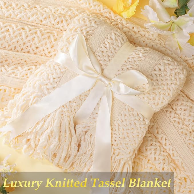 Gift Basket for Women, Self Care Set with Knitted Throw - Care Pkg - Beige | for Women Mom Her Friend Sister Wife Grandma Fringe Blanket, Spa Bath Bombs Candle Soap Sea Salt, Birthday Get Well