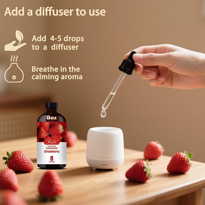 Strawberry Essential Oil, Strawberry Oil for Diffuser, Humidifier, DIY Candle, Soap, Sweet Fragrance, Home, Gift Ready, Strawberry Fragrance Oil - MLYNKL Essential Oils (8.33 fl oz / 250ml)