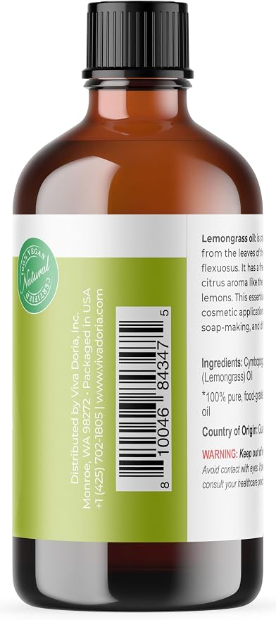 Viva Doria Lemongrass Essential Oil, 100% Pure, Natural Lemongrass Essential Oil, Undiluted, for Aromatherapy | Food Grade, 118 mL (4 Fluid Ounce)