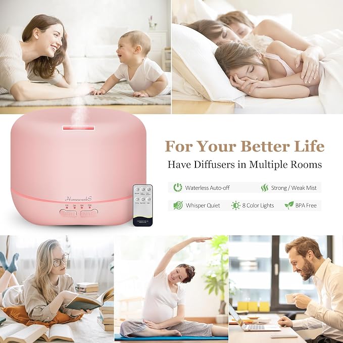 Aromatherapy Essential Oil Diffuser for Room: Air Humidifier Aroma Scent Cool Mist Colorful Lights Cute Small Large Auto Off Ultrasonic Diffusers for Home Bedroom Pink (300ml)
