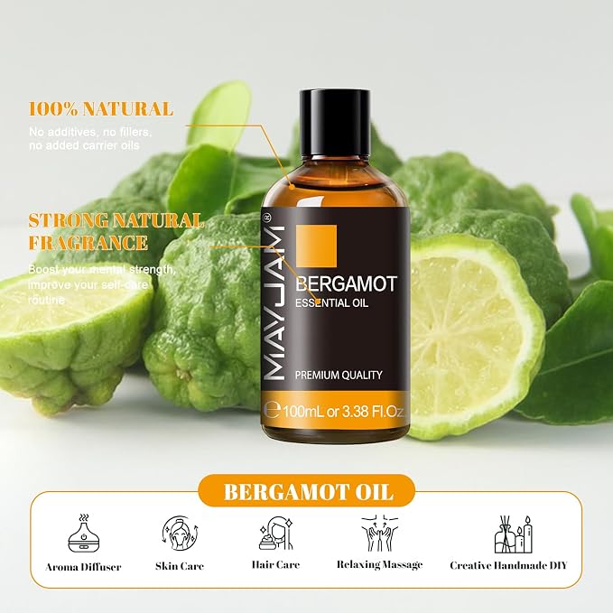 Bergamot Essential Oil, MAYJAM Premium Pure Essential Oils, 3.38FL.OZ Large Volume for Diffusers Soap Candle Making, Ideal for Home Office Car Yoga Use