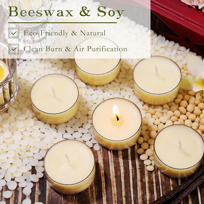 Vanilla Scented Beeswax Blend Tealight Candles – 16 Pack, 4-Hour Burn, Natural Soy & Beeswax Tea Lights, Non-Toxic Small Scented Tea Candles for Home, Aromatherapy & Ambiance