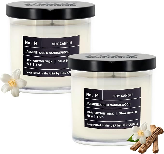 Lulu Candles | Jasmine, Oud & Sandalwood |Luxury Scented Soy Jar Candle | Hand Poured in The USA | Highly Scented & Long Lasting (6 Oz. 2 Pack)