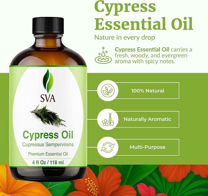 SVA Cypress Essential Oil – 4 Fl Oz – 100% Natural Cypress Oil - for Diffuser, Hair Care, Face, Skin Care, Aromatherapy, Scalp and Body Massage, Soap and Candle Making – with Dropper