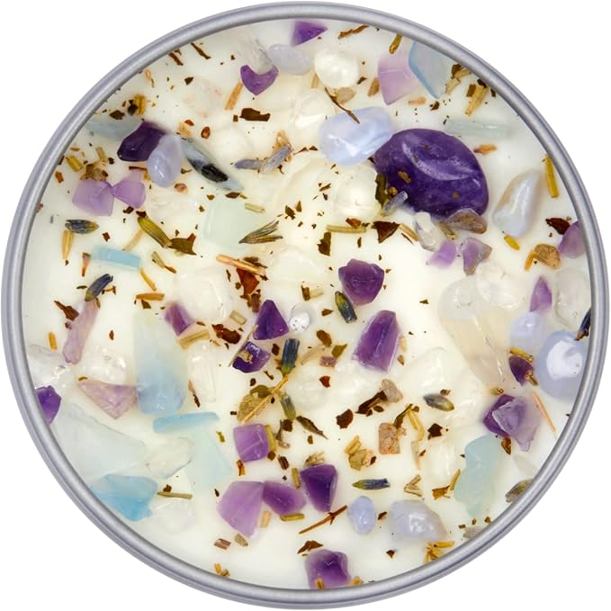 Peaceful Home® Candle by New Moon Beginnings - Stress Relief Candle - Energy clearing - All Natural Essential Oil Soy Candle - Crystal Candles (Peaceful Home, 8oz Tin)