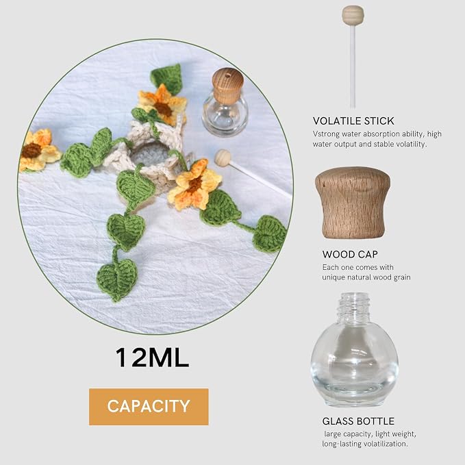 ROFIGL Handmade Crochet Hanging Car Air Freshener - Sunny Sunflower Design, 12ml Refillable Thick Glass Bottle, Car Diffuser for Rearview Mirror, Home & Office Cheerful Decor