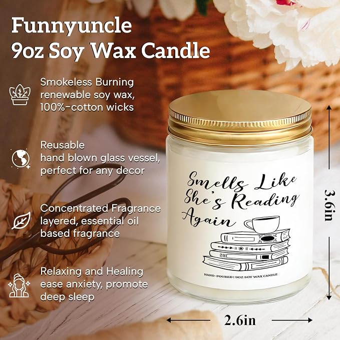 Funnyuncle Book Lover Gifts, Bookish Candle for Women, Teacher, Readers, Bookworm, Librarian, Dark Romance Decor 9oz Lavender Scented Soy Wax Candle Gifts for Mother's Day Birthday Christmas
