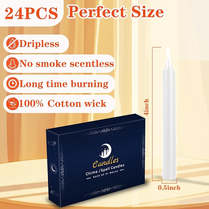 Kunrsug 24 Pack White Spell Chime Candles – Premium Mini Unscented Taper Candles for Rituals, Prayer, Birthdays, Meditation, Altar, Spells, Chime Candles - 4 Inch Tall - Ideal for Witches