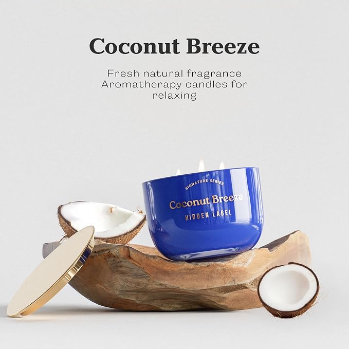 Coconut Breeze Scented Candle, 18oz Natural Soy Wax Non Toxic, 3-Wick Large Candles for Home, Up to 75Hours Long Lasting,Clean Burn Aromatherapy Candle for Home Decor and Housewarming Gifts