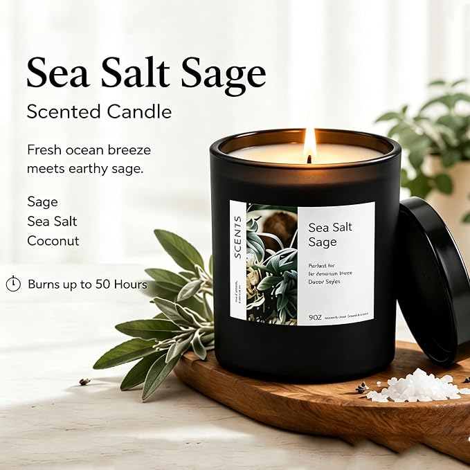 Sea Salt Sage Soy Candle, Driftwood Aromatherapy Candle for Home, Natural Soy Wax Sleep Candle with Citrus Woody Scent for Bedroom, Relaxation, Bath & Self Care Gift