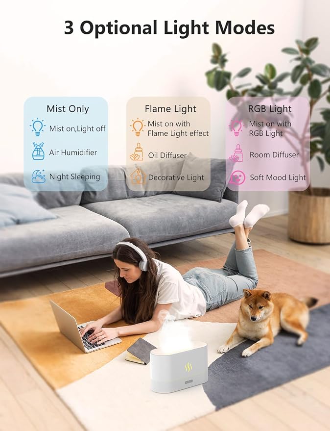 PIZAY Essential Oil Diffuser, Air Humidifier with Flame Led Light - 7 Colors, 180mL Capacity (8 Hours), Noiseless Operation, Auto-Off Protection - Perfect for Home Bedroom Office Gifts(Black)