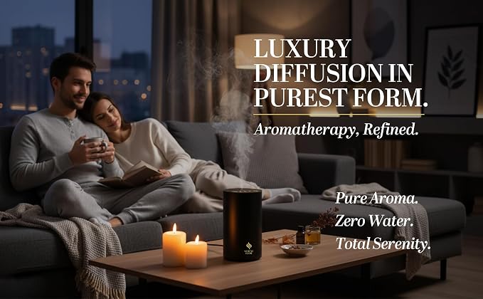 Waterless Essential Oil Diffuser, battery-operated cordless aromatherapy diffuser with timer & 3 mist levels. For car, home, office, yoga studio, nursery, bedrooms, and pet areas. Black aluminum alloy