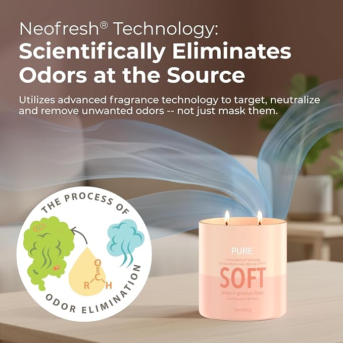 Candle-Lite Pure Amber & Geranium Flower Odor Eliminating Scented Candles, Neofresh Technology Eliminates 99.9% of Odors, 16 oz 2-Wick Jar, Proudly Poured in The USA, Up to 60 Hours Burn Time