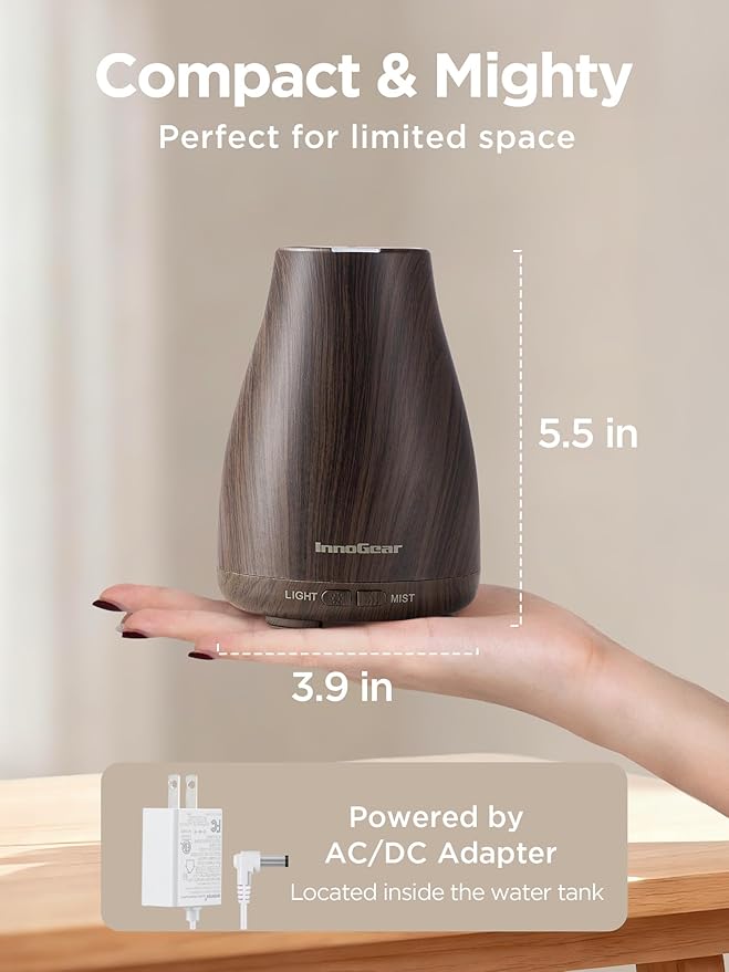 InnoGear Essential Oil Diffuser, Ultrasonic Diffusers for Home Aromatherapy Humidifier for Bedroom Room 7 Colors LED 2 Mist Mode Auto Off, Brown