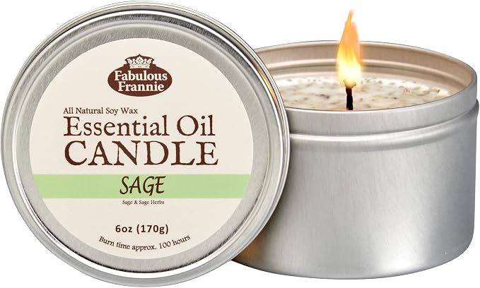 Fabulous Frannie Pure Sage Candles for Cleansing House Chakra Healing All Natural Aromatherapy Soy Candle Travel tin Made with Pure Essential Oils 100 Hours Burn time 6oz