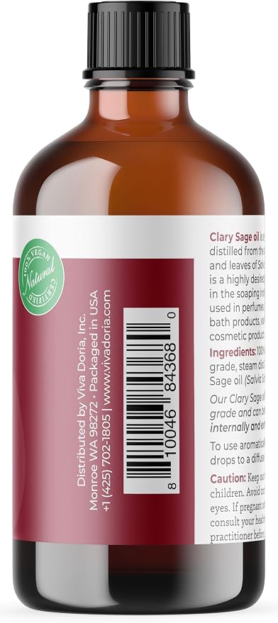 Viva Doria Clary Sage Essential Oil, 100% Pure, Natural Clary Sage Essential Oil, Undiluted, for Aromatherapy | Food Grade, 118 mL (4 Fluid Ounce)