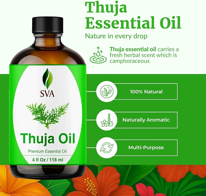 SVA Thuja Essential Oil – 4 Fl Oz – 100% Natural Thuja Oil - for Diffuser, Hair Care, Face, Skin Care, Aromatherapy, Scalp and Body Massage, Soap and Candle Making – with Dropper