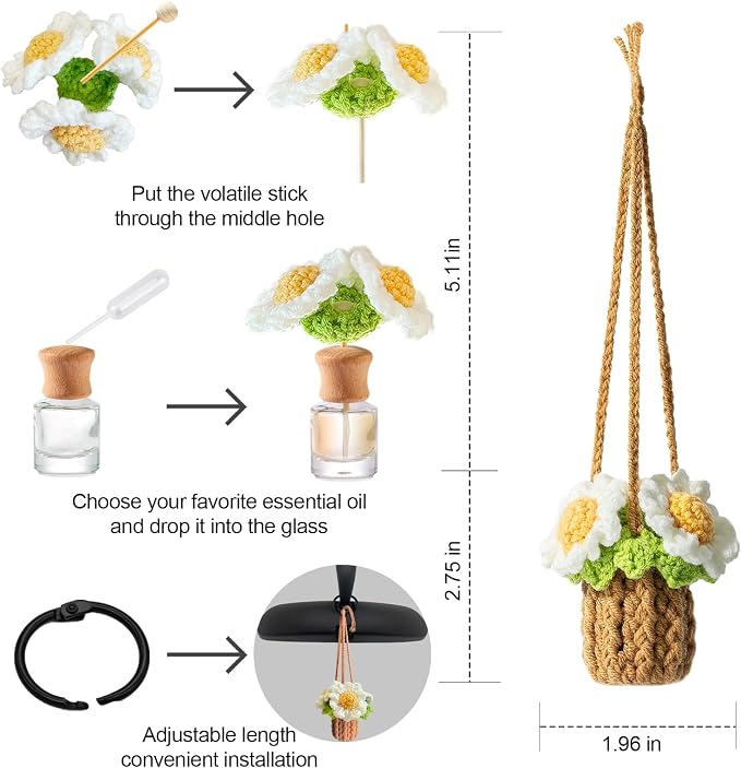 Crochet Car Air Freshener, Empty Refillable Oil Diffuser Bottle with Hanging Crochet Plant for Car Rearview Mirror Decor, Handmade Home and Office Decor (Daisy)
