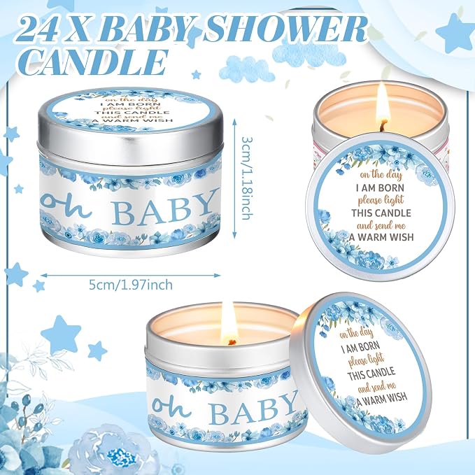 MTLEE 24 Pcs Flowers Baby Shower Party Favors Candles Lavender Scented Baby Shower Favors for Guests Rustic Tealights Candles Gender Reveal Return Gifts (1.2 oz, Blue)