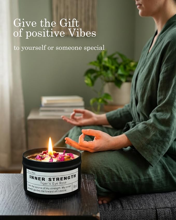 Inner Strength Soy Candle, Vegan Confidence, Focus Crystal, Empowerment Intention Gift, Grounding Meditation Candle. (8oz)