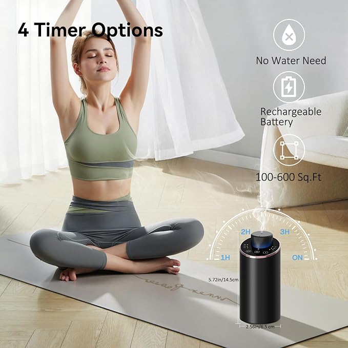 Waterless Essential Oil Diffuser Aromatherapy Scent Diffusers for Home Large Room, Bedroom, Car, Office, Desk, Battery Operated Mini Portable Air Freshener, 3 Countdown Timers & 3 Mist Levels