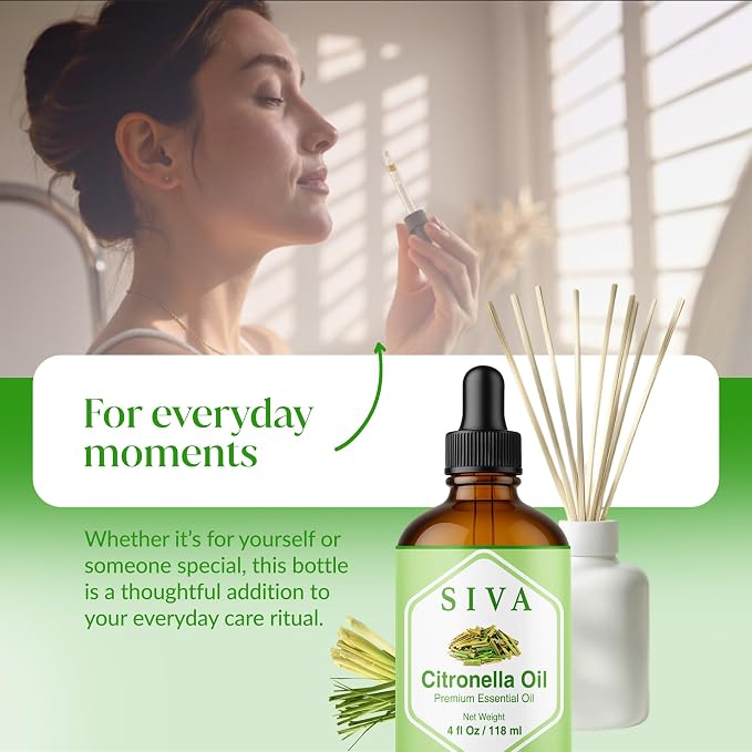 Siva Citronella Essential Oil 4 Fl Oz – for Diffuser, Skin & Hair Care – Ideal for Aromatherapy, Massage & DIY Blends- with Dropper
