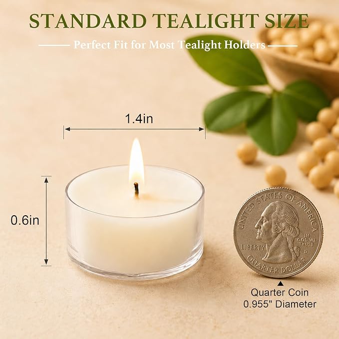 Soy Tealight Candles 100 Pack,4 Hours Unscented White Tea Candles | Natural Soy Wax,Clean Burning,Clear Cup Design,Small Votives Bulk for Home Decor Wedding Spa Meditation and Wax Warmers