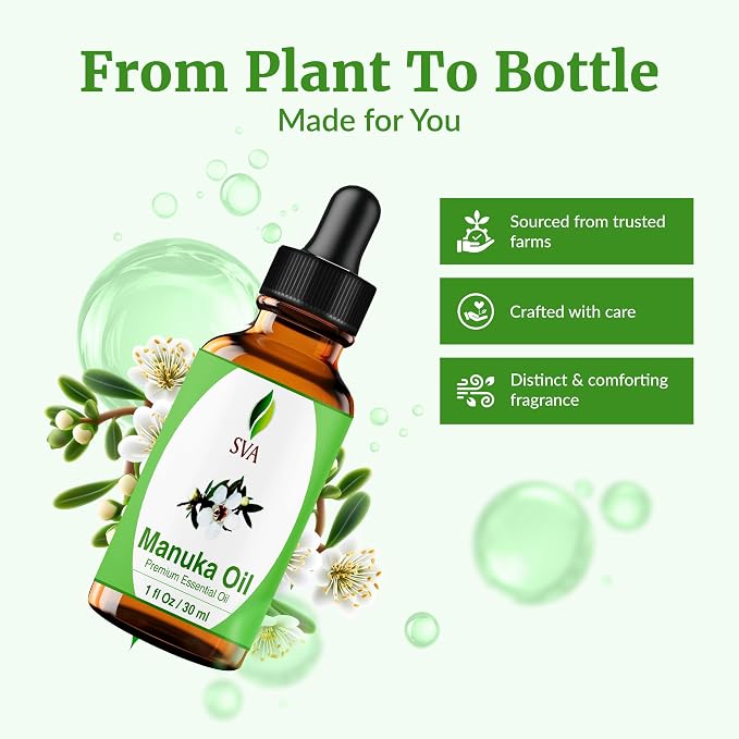 SVA Manuka Essential Oil – 1 Fl Oz – 100% Natural Manuka Oil - for Diffuser, Hair Care, Face, Skin Care, Aromatherapy, Scalp and Body Massage, Soap and Candle Making – with Dropper