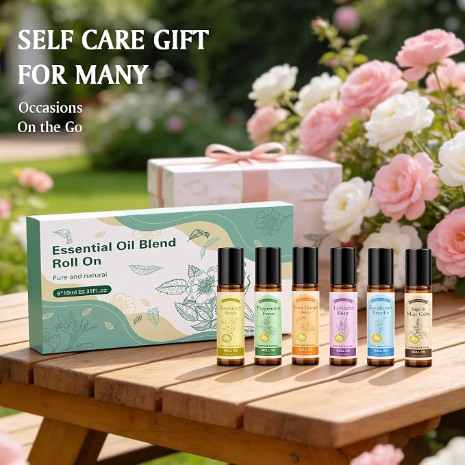 Essential Oil Roll On for Self Care - Aromatherapy Oil Gift for Women Men, Portable Aromatherapy Blend for Relaxation - Self Care Gifts for Women Valentines Birthday Christmas Moms Day -6 x 10ml