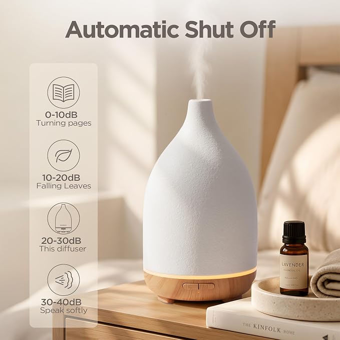 InnoGear Oil Diffuser, 150ML Ceramic Diffuser for Essential Oils Handcrafted Aromatherapy Diffuser Mother's Gift Ultrasonic Cool Mist Humidifier with 2 Mist Modes Waterless Auto Off for Home, White