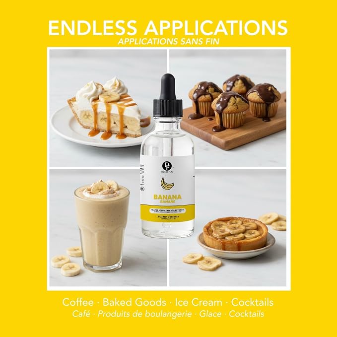 Dolce Flav Natural Banana Extract – 2 oz Water-Soluble Pure Banana Flavoring Drops for Baking, Smoothies & Desserts | Sugar Free, Allergen Free, Kosher | Made in USA