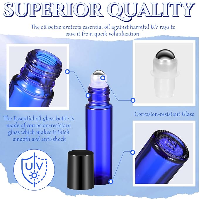 Domensi 30 Pcs Essential Oil Bottles, 10 ml Glass Bottle with Stainless Steel Roller Ball and Cap for Travel, Perfume, Lip Balm, 2 Funnels, 0.5 ml Dropper(Cobalt Blue)