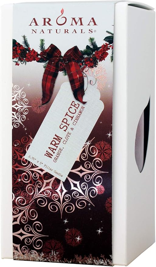 Aroma Naturals Holiday Orange, Clove and Cinnamon Essential Oil Scented Pillar Candle, Warm Spice, 2.75 inch x 5 inch