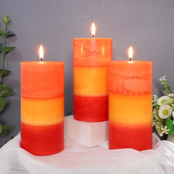 3×6 Inch Orange Pillar Candles, Pumpkin Scented Pillar Candles - Long Burning 70+ Hours, Dripless & Smokeless, Aromatherapy Candles for Thanksgiving Day Dinner Table Décor, Set of 3