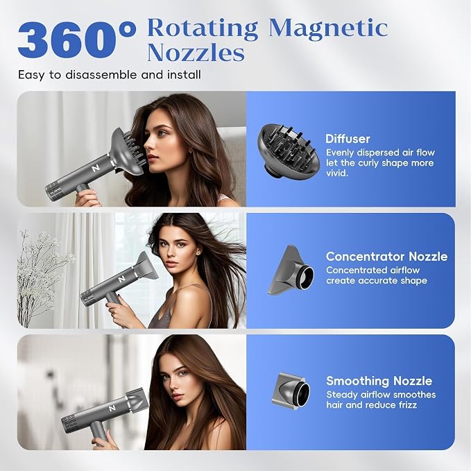 Natrial Ionic Professional Hair Dryer with Diffuser for Curly Hair,1600W&110000RPM High Speed Blow Dryer for Women,Fast Drying,Lock Function,Low Noise,Lightweight for Home Travel Salon,Gray