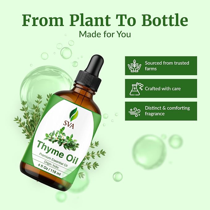 SVA Thyme Essential Oil 4 Fl Oz – for Aromatherapy, Diffuser, Skin & Hair Care – Ideal for Massage & DIY Blends – with Dropper